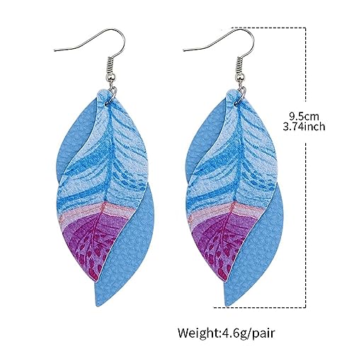 ANXIN boho unique Leather Earrings 2 Layered Lightweight Faux Leather Leaf Earrings Layered Design Drop Earrings Gift for Women - color: Blue Faux Leather Leaf Earrings