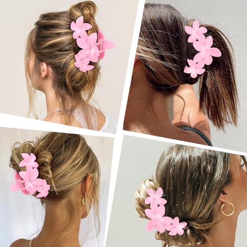 ANBALA 4PCS Flower Hair Clips, Tropical Plumeria Hair Clips for Women, Large Non-Slip Strong Hold Claw Clips, Beach Hair Accessories, Pink (4 Count) - color: pink