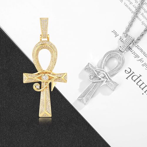 Eye of Horus Ankh Cross Pendant Necklace 18K White Gold Plated Iced Out CZ Bling Ancient Egyptian Religious Symbol Protection Chain Jewelry for Men Women Christmas Birthday Gift - color: 18K