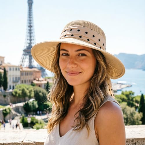 DRESHOW Sun Hats for Women Travel Fedora Foldable Beach Sun Hat Summer Wide Brim Straw Bucket Hat with Bowknot UPF 50+ - color: 1 Pack Bowknot Straw Hat: Beige (Beige Polka Dot Band)