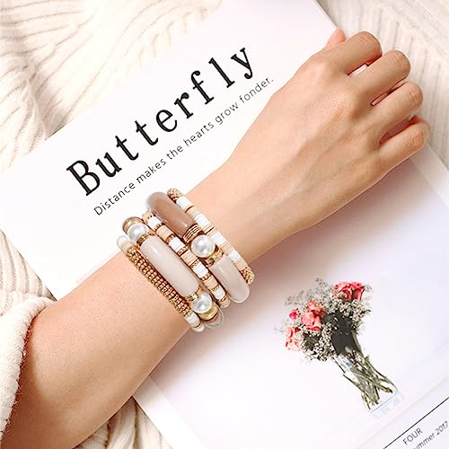 GOOJIDS Simple Beaded Gold Plated Bangles Bracelet Chunky Bamboo Tube Curved Stacking Clear Acrylic Colorful Beads Stretchable Gold Plated Bracelets Set For Women - color: A-A2 Grey Set