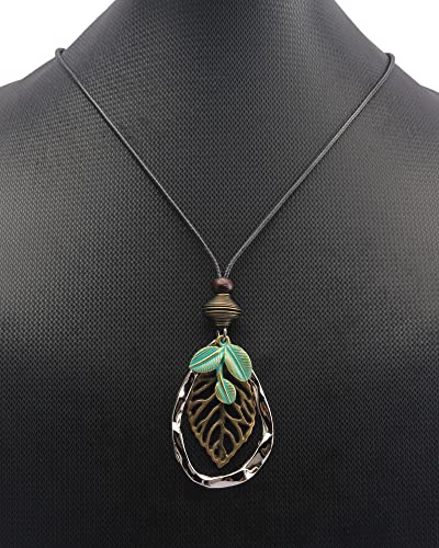 GelConnie Leather Cord Necklace Chain Multilayer Wooden Pendant Necklaces Vintage Jewelry Boho Long Sweater Necklace for Women Men - color: Leaves Leather Necklace