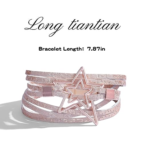 Long tiantian Leather Bracelets for Women Men Heart Wrap Bracelets Western Jewelry Cowgirl Outfits Birthday Gifts for Her - color: B4:pink leather bracelet
