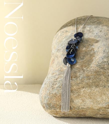 Noessla Boho Long Pendant Necklaces for Women Silver Tassel Long Necklace Sweater Chain Mothers Day Gifts Silver Costume Jewelry for Women - color: 81-Dark Blue