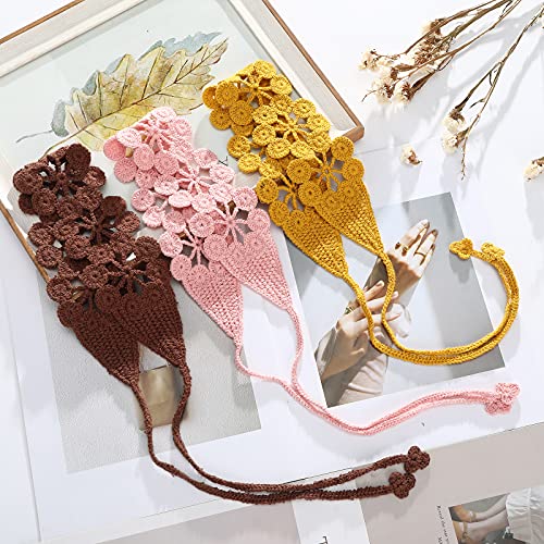 CHLINS Daisy Handmade Bohemian Knit Head Wraps - 3PCS Elastic Crochet Headbands for Women and Girls (Dark Coffee, Pink, Turmeric) - color: Dark coffee + Pink + Turmeric