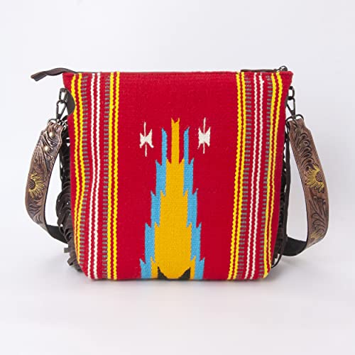Merbaa Women Handtooled woolen saddle blanket hand woven Crossbody Bag - color: Red