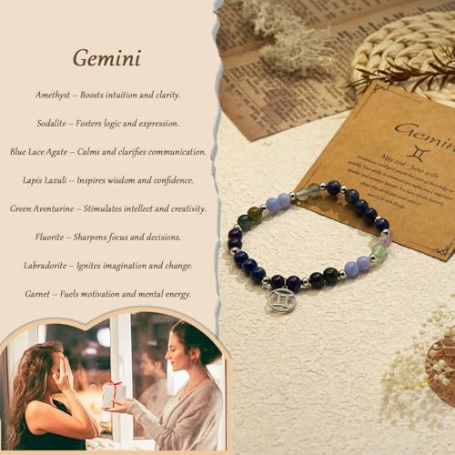 Zodiac Natural Stone Bracelet – Handmade Crystal Healing Bracelet with Zodiac Charm – Adjustable Beaded Jewelry Gift for Women Men Girls - color: Gemini
