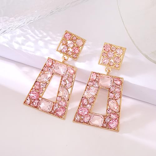 Rhinestone Rectangle Statement Earrings Colorful Crystal Geometric Drop Dangle Earrings for Women Prom Party - color: Pink