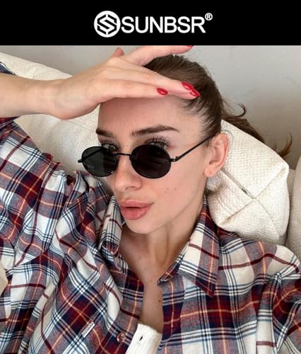 Retro Oval Sunglasses for Women Men 90s Trendy Small Round Gold Sun Glasses Fashion Narrow Metal Frame Shades - color: Black/Grey