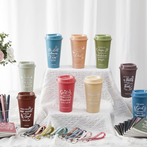 Skylety 12 Set/48 Pcs Christian Gifts for Women Men Religious Gift Set 16 oz Bible Scripture Cups with Lids Mini Spiral Notebooks Pens Keychains for Mother Father Birthday(Morandi Color) - color: Morandi Color
