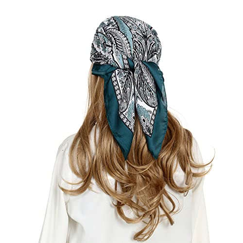RIIQIICHY Women Head Hair Scarf Like Satin Silk Scarf Sleeping Hair Wrapping Night 27.5" - color: Black/White/Turquoise