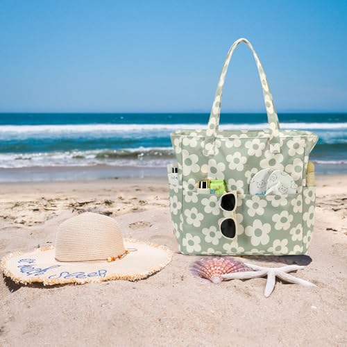 Bluboon Waterproof Beach Tote Pool Bags for Women Ladies Extra Large Carry On Bag With Wet Compartment for Weekender Travel - color: Flower 157 Green Gray