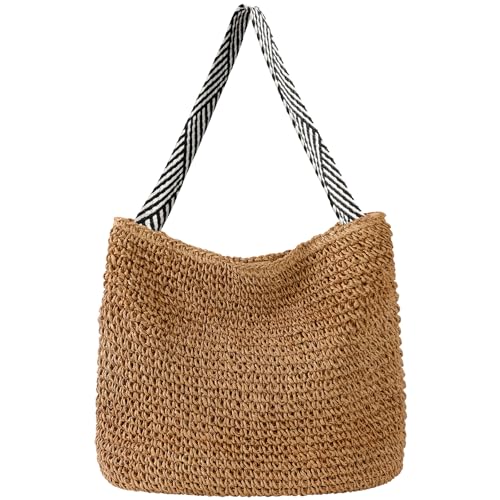 fauson Beach Bags for Women - Handmade Straw Clutch Purses for Women Handbag Zip Closure Tote Bag Lightweight - color: Light Khaki