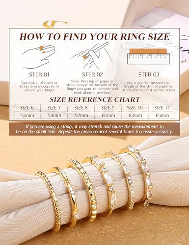 FIBO STEEL Gold Rings for Women Non Tarnish Dainty Stackable Ring Set Hypoallergenic Cubic Zirconia Wedding Band Promise Bands for Her Women's Jewelry Size 5-10 - color: Gold Filled