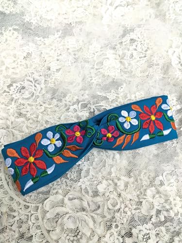 FANFAN Blue Floral Embroidered Boho Braided Elastic Headband Beach Wedding Party Hair Accessory E9 - color: Blue