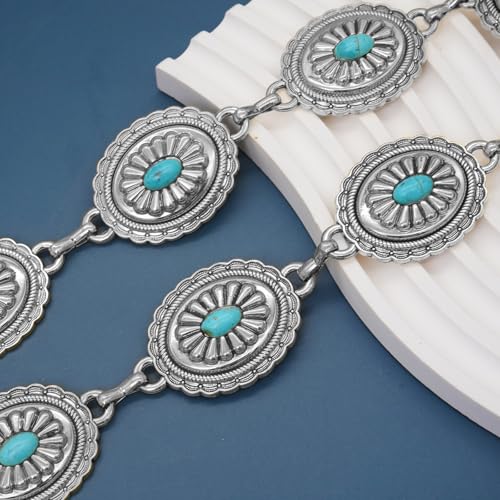 Women Western Chain Belt Adjustable Turquoise Metal Waist Chain Boho Chain Link Belt for Jeans or Dresses - color: Turquoise Silver, size: L: 53.1 in/135 cm