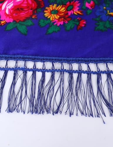 MJ SERECA Acrylic Bandana Printed Hair Scarf Square Ukrainian Head Scarf Floral Babushka Neck Scarf for Women 30"/42"/60" - color: Navy With Tassel