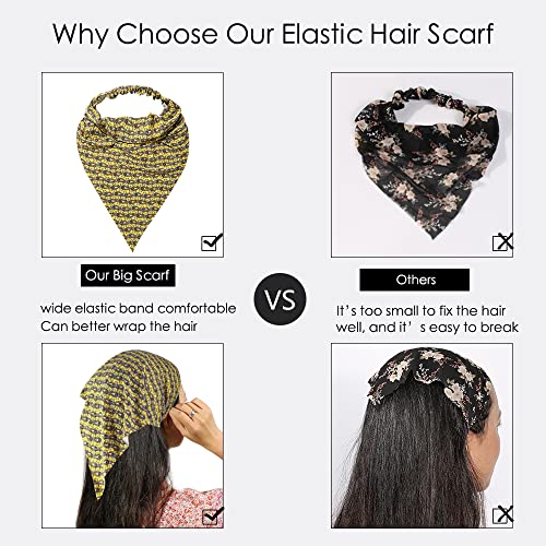 Vercret 6 Pack Hair Scarf Headband for Women Elastic Bandana Head Scarf Large Boho Triangle Kerchief with Clips Non Slip Scarves - color: O Bohemian