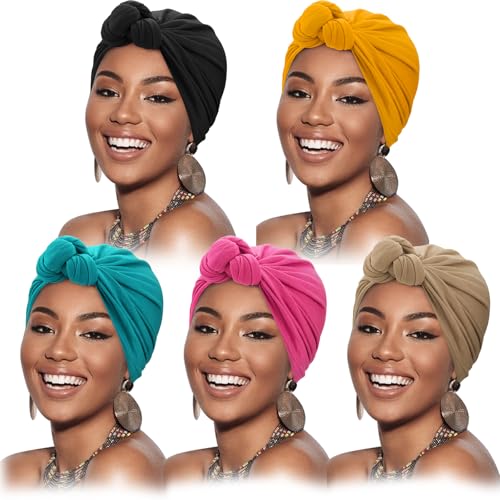 DRESHOW 5 Pack Knotted Headwraps for Women African Turban Pre-Knotted Beanie Headwraps Hair Covers - color: 5 Pack Knotted: Mustard/Rose/Khaki/Teal/Black