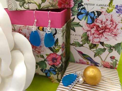 Popular Recycled Sea Glass Earrings on Sterling Silver Hooks - color: Vivid Aqua 2