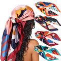DRESHOW 35” Large Square Satin Head Scarf - 4Pcs Silk Accessories Classic Patterned Squares Beach Bandanas for Women - color: 4 Pcs: Orange, Burgundy, Lake Blue, Navy