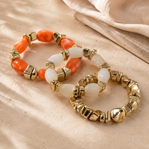 Gold Bracelet Stack For Women, 3Pcs Jade Vintage Chunky Stackable Stretch Boho Western Adjustable Bracelet Stacks Statement Dainty Tarnish Free Waterproof Jewelry Gift - color: Unique-Orange