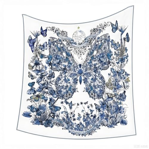 Premium Floral Scarf for Women 35x35 Square Silk Feel-Lightweight Scarves Headscarf Bandanas Wrapping Handbag - color: Big Blue Butterfly