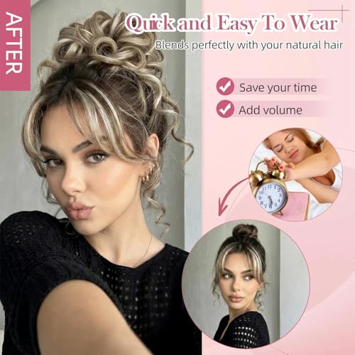 Real Human Hair Messy Bun Piece for Women, Tousled Updo Hairpieces, Curly Wavy Buns Extension Scrunchie with Tendrils, Natural Chignon Fake Hairbun for Daily Use, Medium Brown Mix White 33g - color: Medium Brown Mix White