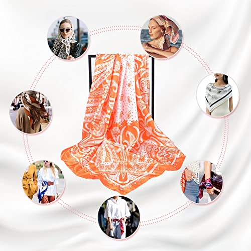 4Pcs Silk Head Scarves for Women Satin Hair Scarf 35”Large Square Bandana Silk Like Neck Scarf Shawl - color: Orange/Navy/Black/Coffee