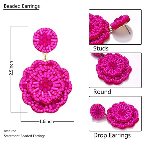 Statement Beaded Drop Earrings for Women Layered Bead Dangle Earrings - color: Rose Red bead22