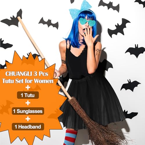 Women Tutu Costume Accessories Set, Striped Knee Socks Tutu Skirt Sunglasses and Bow Headband Colorful Party Favors - color: Light Blue