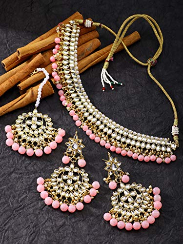 Aheli Faux Kundan Beaded Necklace Earrings Maang Tikka Indian Bollywood Ethnic Jewelry Set Gift for Women - color: Pink 1