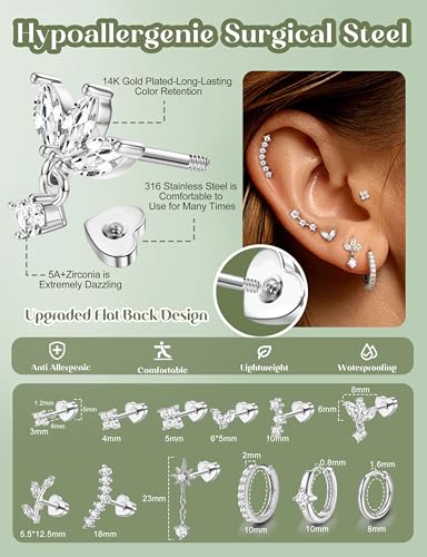 ORAZIO 16 Gauge Cartilage Earrings for Women Flat Back Hypoallergenic Surgical Steel Small Flatback Stud Hoop Cartilage Earring Stack Set Daith Conch Tragus Helix Piercing Jewelry Single PC - color: Silver Plating