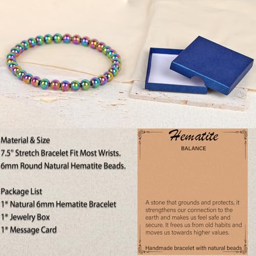 LPBeads Handmade Natural Gemstone Stretch Elastic Bracelet Healing Crystal Round Stone Beads Jewelry Gifts for Women Men - color: Rainbow Coated Hematite, size: 6mm
