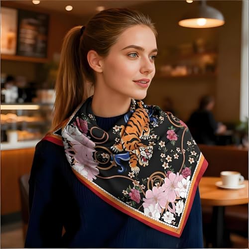 Premium Floral Scarf for Women 35x35 Square Silk Feel-Lightweight Scarves Headscarf Bandanas Wrapping Handbag - color: Tiger