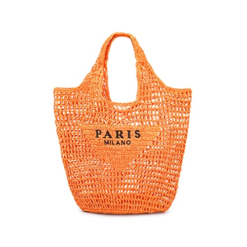 POOOPSSD New Woven Bag, Straw Mesh Tote Bag, Beach, Shoulder Bag, Hobo Women, Foldable Large Capacity, for Holiday. - color: Orange