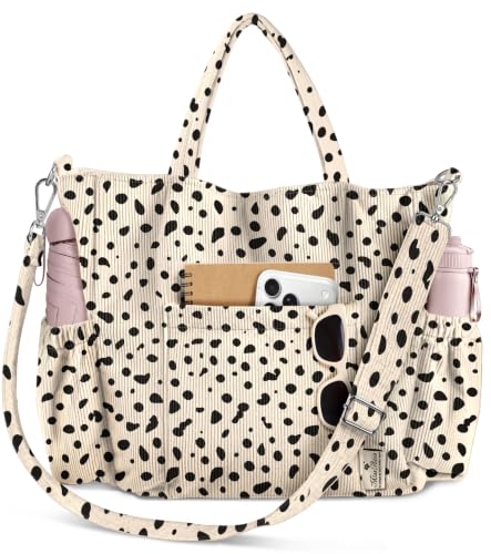 Miss Adola Crossbody Corduroy Tote Bag for Women, Large Tote Bag with Multi-Pockets and Zipper for Travel Work - color: Dalmation Print