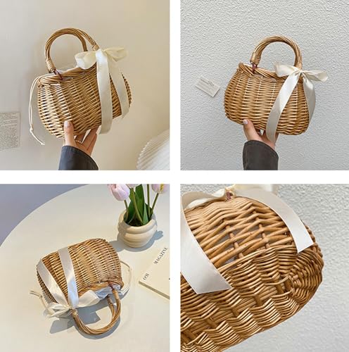 Wicker Basket Lace Ribbon Handbag Vacation Wedding Woven Handbag Drawstring Inner Pouch Daily Use Gift - color: C