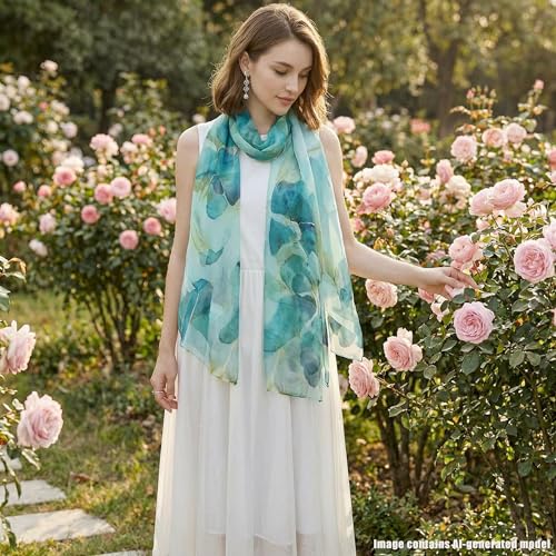 100% Mulberry Silk Women's Neck Silk Scarf-Lightweight Shawl,FLoral Print Beach Silk Wrap-Scarves for Photography - color: Blue Ginkgo Leaf