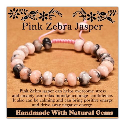 468Handmade Adjustable Natural Gemstone Crystal Bracelet Healing Power Energy Inspirational Gifts with Card for Unisex - color: 07-Pink Zebra Jasper(Relax mood), size: 5x8mm