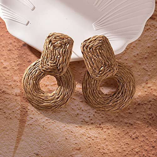 Statement Raffia Earrings Cute Boho Earrings Rattan Dangle Earrings Handmade Straw Wrap Earrings Summer Drop Dangling Earrings for Women Teen Girls - color: Wheat
