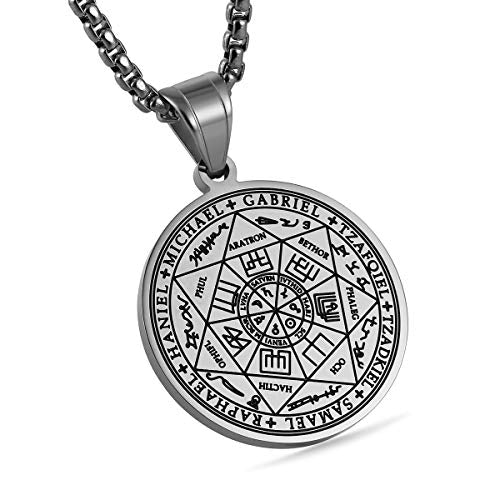 HZMAN Vintage Stainless Steel The Seal of The Seven Archangels Pendant Necklaces 22+2“ Chain - color: Silver