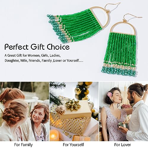 Bohemia Beaded Dangle Earrings - Handmade Seed Bead Earrings, Statement Beaded Tassel Earrings for Women - color: Dark Green