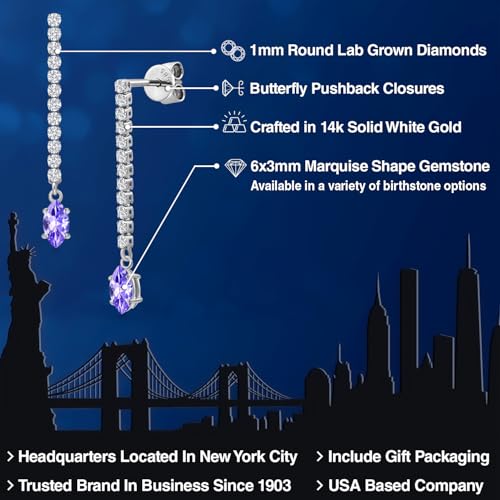 Gem Stone King 14K White Gold Gemstone Birthstone and White Lab Grown Diamond Long Liner Dangle Earrings for Women | Marquise 6X3MM | White Gold Chain Drop Earrings - style: Tanzanite, December