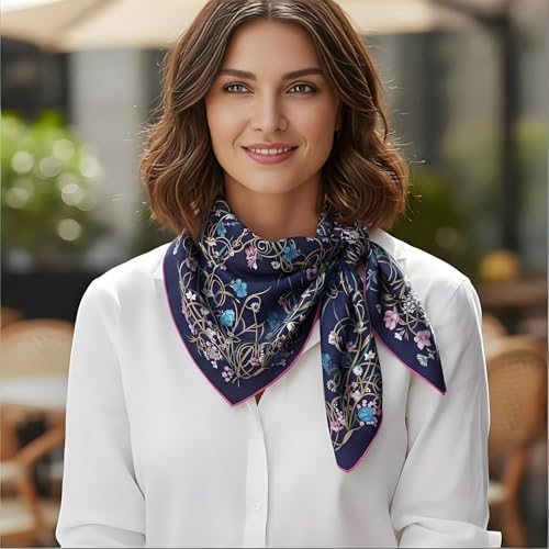 Premium Floral Scarf for Women 35x35 Square Silk Feel-Lightweight Scarves Headscarf Bandanas Wrapping Handbag - color: ‌floral Purple