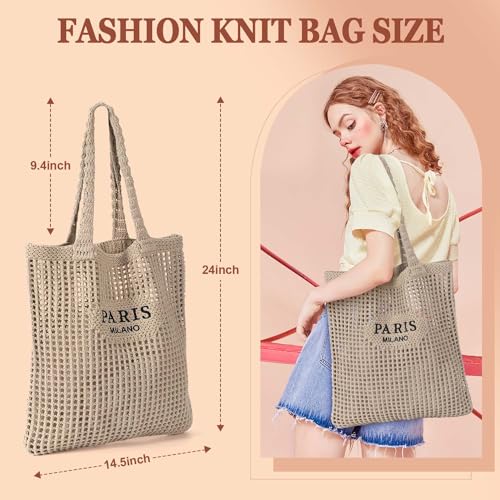 Ayieyill Crochet Tote Bag For Women, Crochet Mesh Beach Tote Bag Summer Vacation Aesthetic Boho Knit Bag for Women - color: G/Light Khaki
