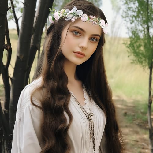 Vivivalue Pearl Flower Crown Floral Garland Headband Flower Halo Headpiece Hair Wreath Boho with Ribbon Party Wedding Festival Photos Pink - color: I