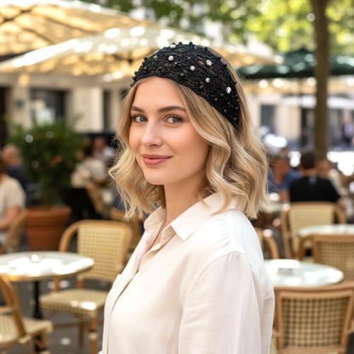 Tucnoeu 3pcs Boho-Chic Crystal & Pearl Embellished Wide Headbands, Wide Boho Pearl Headband for Wome, Floral Beaded Lace Elastic Headband Suitable for Daily Wear and Weddings Stylingvarious Holidays - color: Coffee, Claret, black