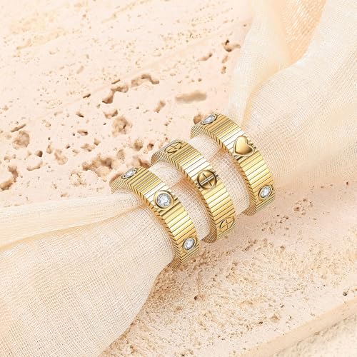 PDWZNBA Mothers Day Gifts for Mom Linear Stripe Textured Ring | 14K Gold-Plated Stainless Steel Promise & Friendship Ring, Wedding Band, Birthday Gifts for Women - color: CGold, size: 10