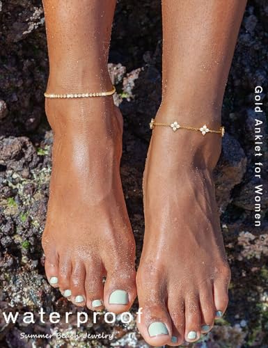 RLMOON Gold Silver Anklets for Women CZ Ankle Bracelet 14K Gold Plated Waterproof Layered Stackable Clover Butterfly Tennis Chain Anklet Trendy Summer Beach Foot Jewelry - color: A:Flower Anklet Gold